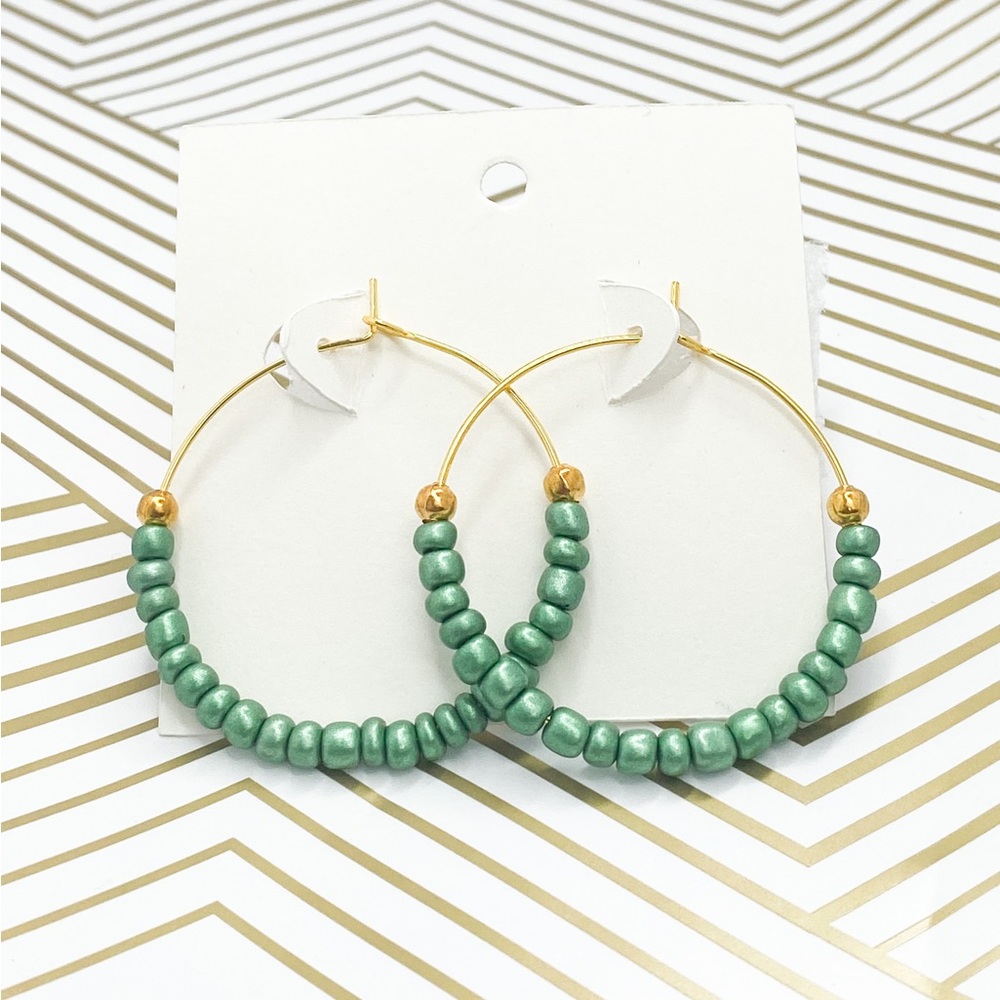 Gold earrings green beaded hoops